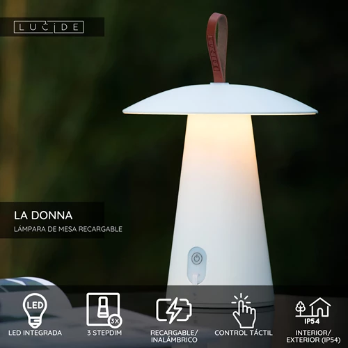 Lucide LA DONNA - Lámpara de mesa Recargable Dentro/Fuera - Batería/acumulador - Ø 19,7 cm - LED 3 StepDim - 1x2W 2700K - IP54 - Blanco - USP